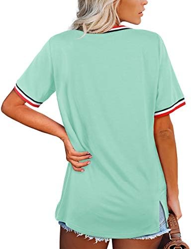 Bofell Bayan T Shirt Gevşek Fit V Boyun Üstleri Yan Bölünmüş Kısa Kollu Tee Gömlek S-2XL