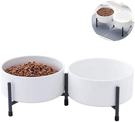 32 oz Seramik Köpek Kedi Kase Yükseltilmiş Metal Standı ile 2 Set-6 İnç Seramik Yuvarlak Pet Gıda ve Su Besleyici Kase Çanak