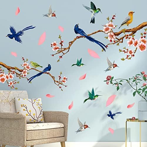 Yaratıcı Pembe Çiçekler Duvar Çıkartmaları Şeftali Kiraz Çiçeği Ağaç Dalları duvar çıkartmaları DIY Çıkarılabilir Uçan Kuşlar