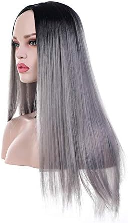 Gri Siyah Kökleri Doğal düz yumuşak saç sentetik dantel ön peruk Kadınlar ıçin doğal Görünümlü tam peruk ısı güvenli