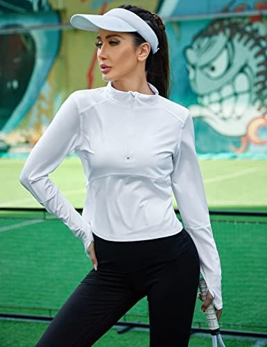Pinspark Bayan Uzun Kollu Kırpılmış Yarım Zip Kazak Atletik Yürüyüş Koşu Egzersiz Gömlek ile Thumbholes S-XXL