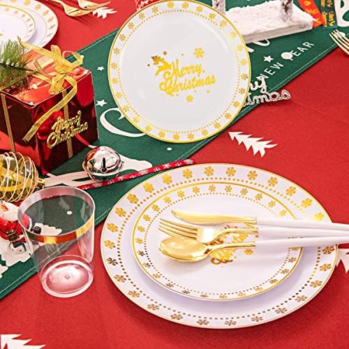 THALİA 210 adet Noel Altın Plastik Yemek Takımı, Altın ve Beyaz Plastik Gümüş ile Altın Plastik Tabaklar, Altın Bardaklar ve