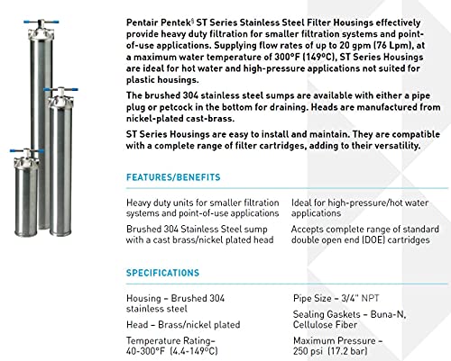 Pentair Pentek ST - 1 Filtre Muhafazası, 10 Paslanmaz Çelik Filtre Muhafazası, 3/4 NPT
