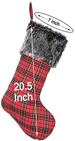 JEKOSEN Kırmızı Ekose Klasik Noel Çorap Siyah Faux Kürk Peluş Manşet ile 6 Set Geleneksel Asılı Noel Çorap Noel Şömine Süslemeleri