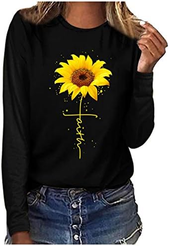 Grafik Tees Kadınlar için Uzun Kollu Komik Ayçiçeği İnanç Baskı Güz Genç Kızlar için Sevimli Rahat T Shirt Tops genç