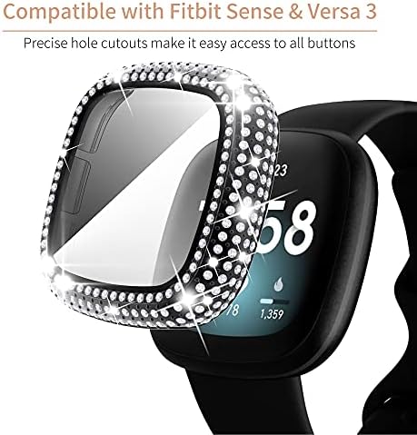 RİCHONE Kılıf Fitbit Sense ve Versa 3 ile Uyumlu, Tam Bling Diamonds Kapak ile Temperli Cam Film Ekran Koruyucu (Siyah, Versa